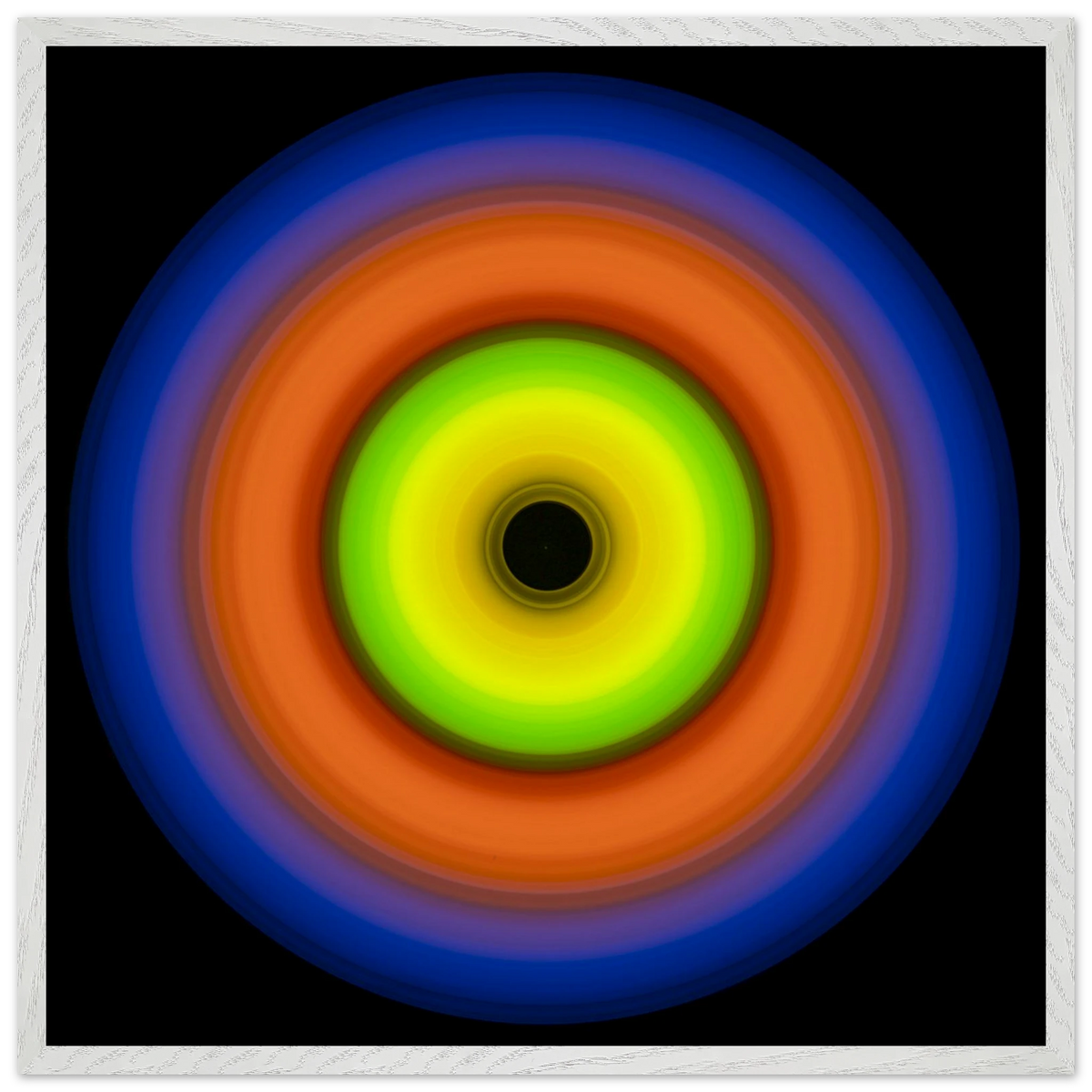 A circular aperture shape with bright lime green center fading to dark void, surrounded by concentric rings of orange, red, purple, and deep blue.