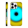 A circular aperture shape with bright yellow outer ring, electric cyan inner circle, and small black center hole against a black background.
