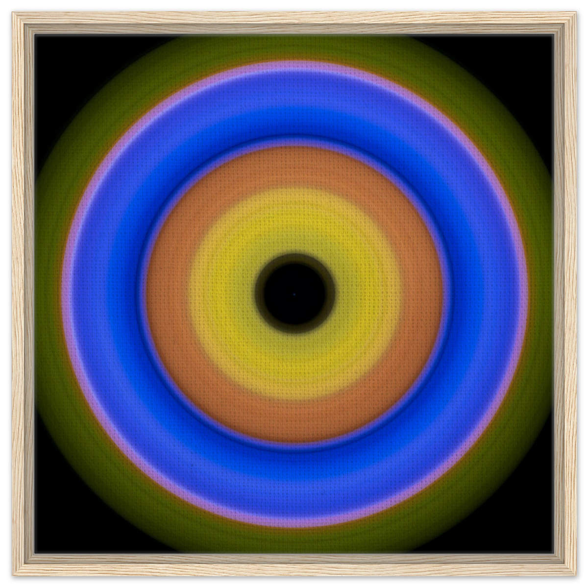 A circular aperture shape with concentric color rings radiating from a black center through yellow, orange, blue, and olive green.