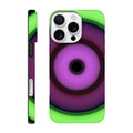 Circular aperture shape with concentric rings transitioning from bright lime green on the outside through purple tones to bright magenta around a small black center.
