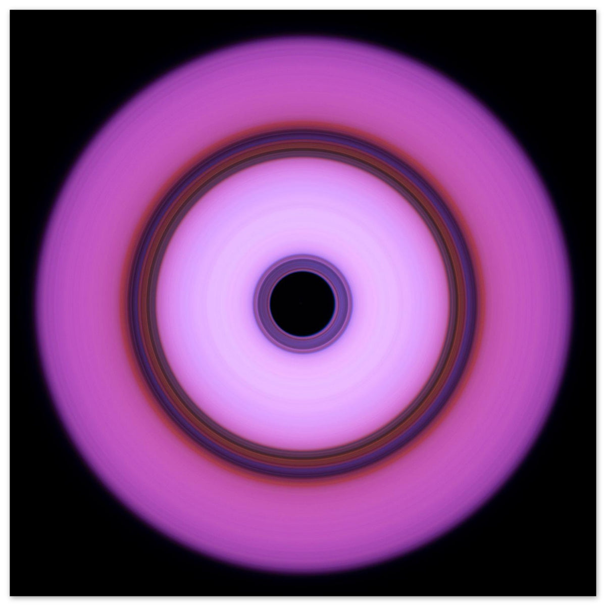 A circular form with magenta outer edges fading to white center, featuring a multicolored ring band and small black circle at the core.