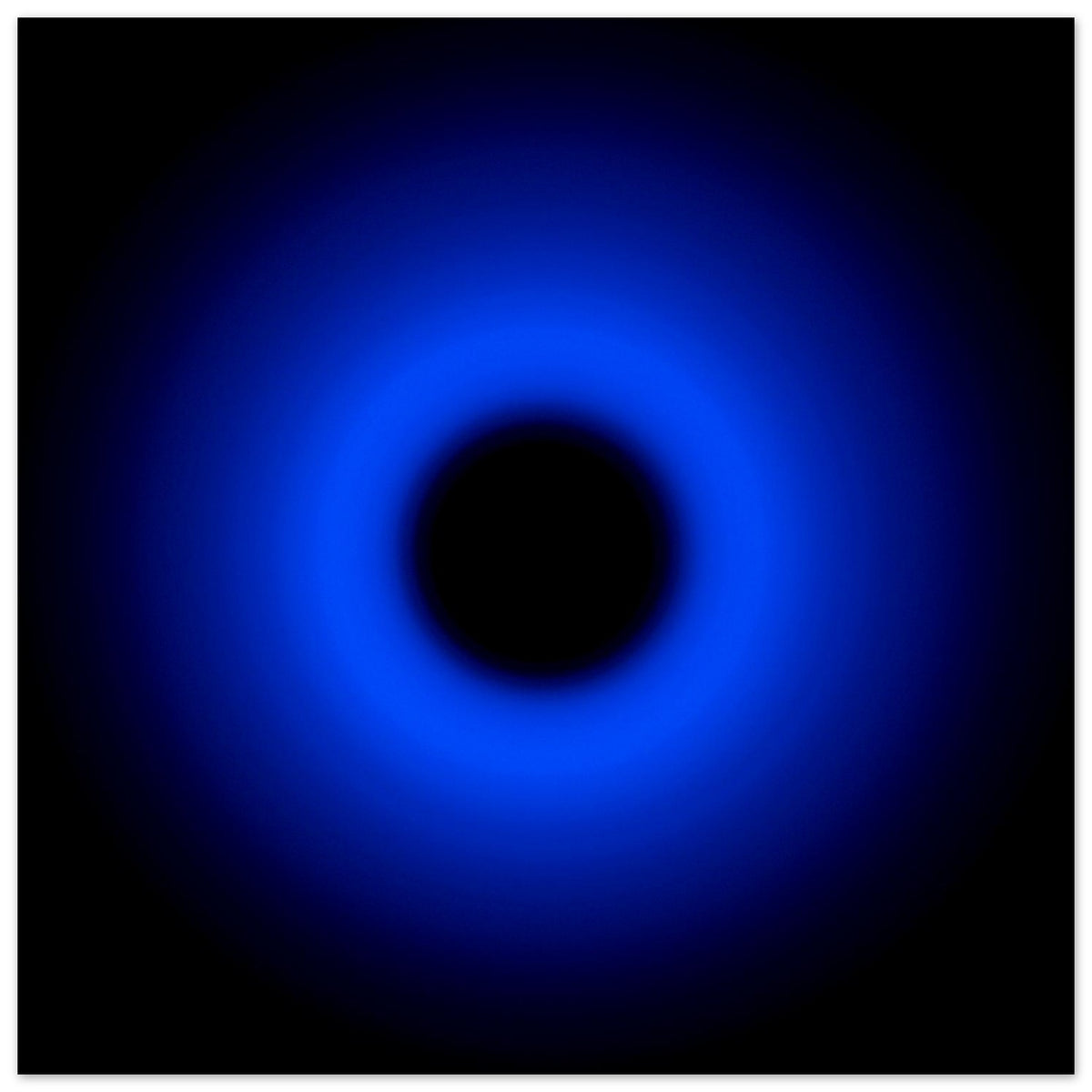 A circular ring of deep blue light surrounds a black center, gradually fading outward into darkness.