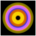 A circular pattern with six concentric rings radiating from a black center through yellow, orange, magenta, blue, lavender, and lime green.