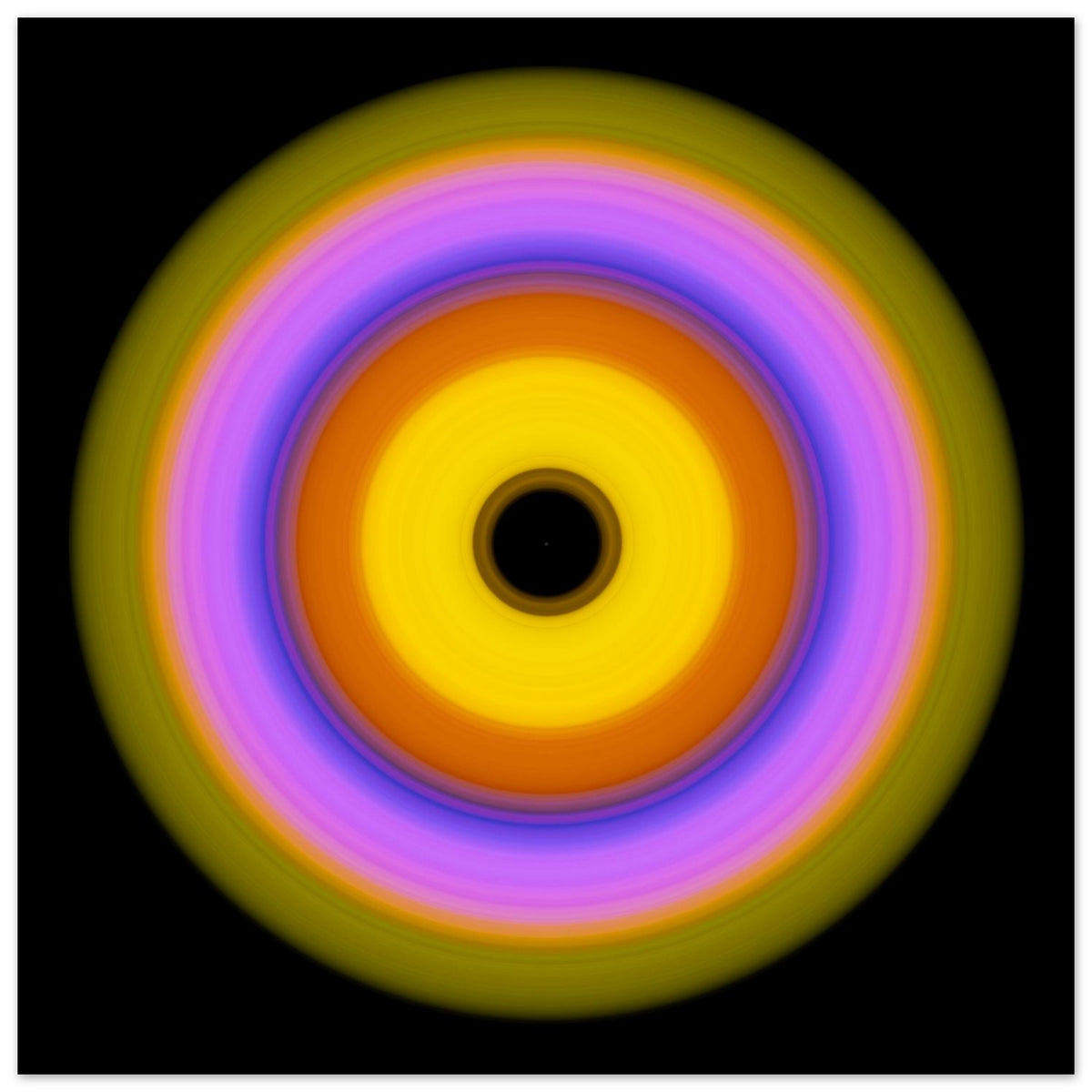 A circular pattern with six concentric rings radiating from a black center through yellow, orange, magenta, blue, lavender, and lime green.