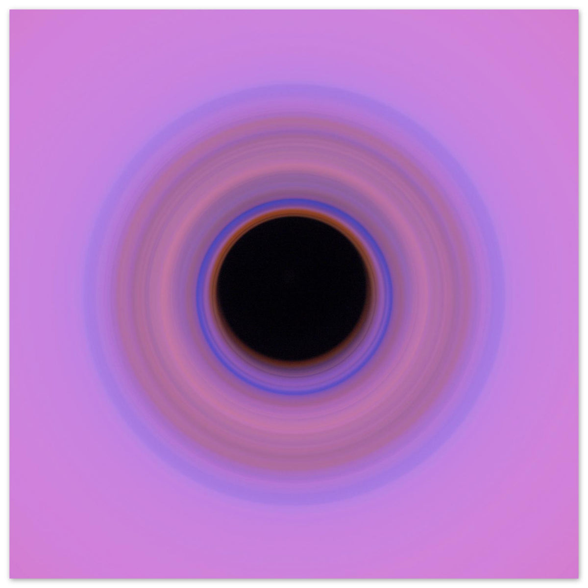 A circular swirl with black center surrounded by concentric rings transitioning from orange through blue and purple to pink at the outer edges.
