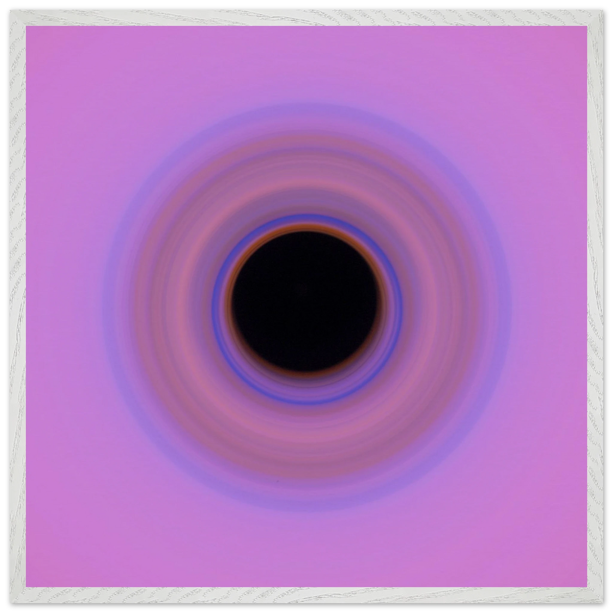 A circular swirl with black center surrounded by concentric rings transitioning from orange through blue and purple to pink at the outer edges.