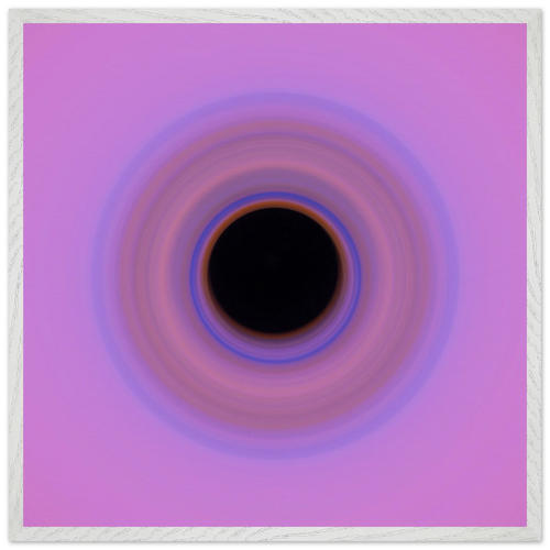 A circular swirl with black center surrounded by concentric rings transitioning from orange through blue and purple to pink at the outer edges.