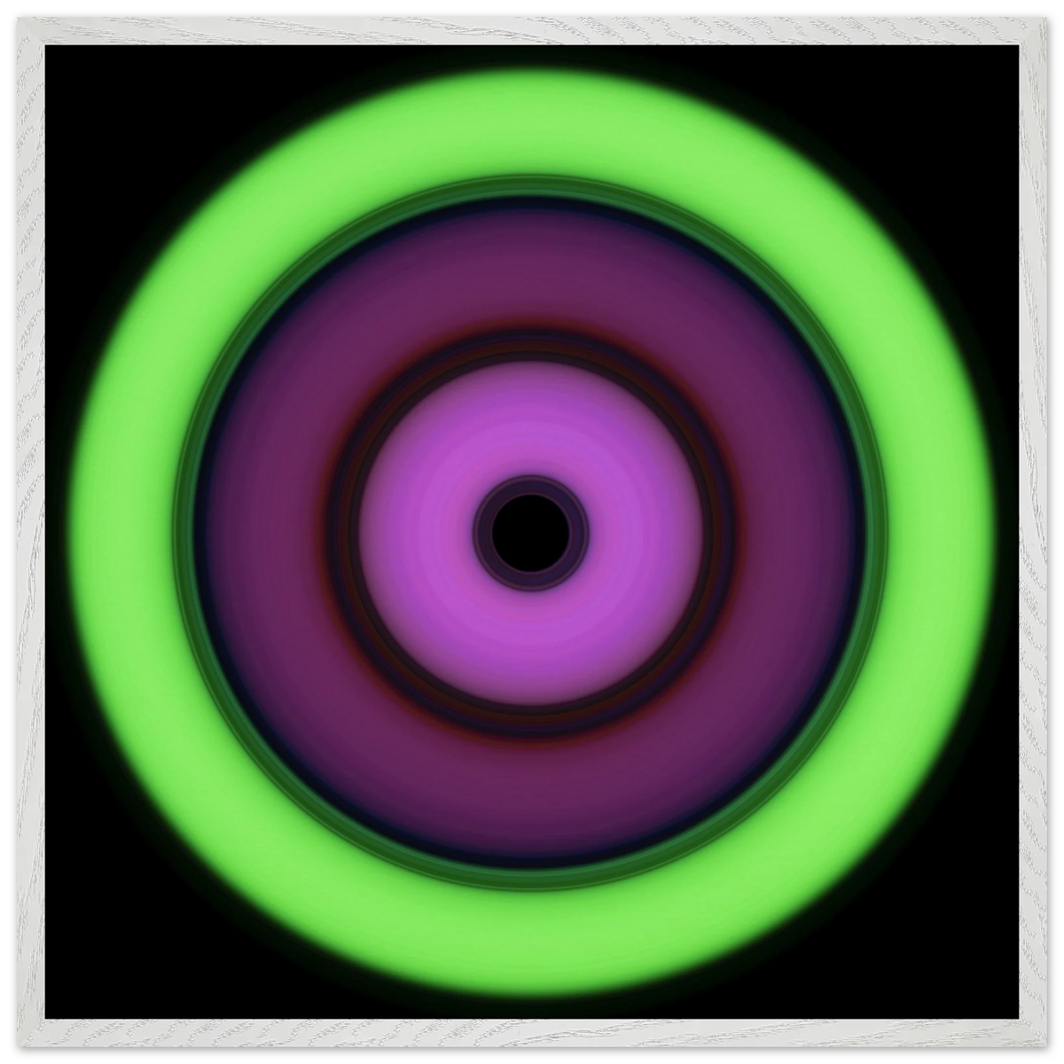 Circular aperture shape with concentric rings transitioning from bright lime green on the outside through purple tones to bright magenta around a small black center.