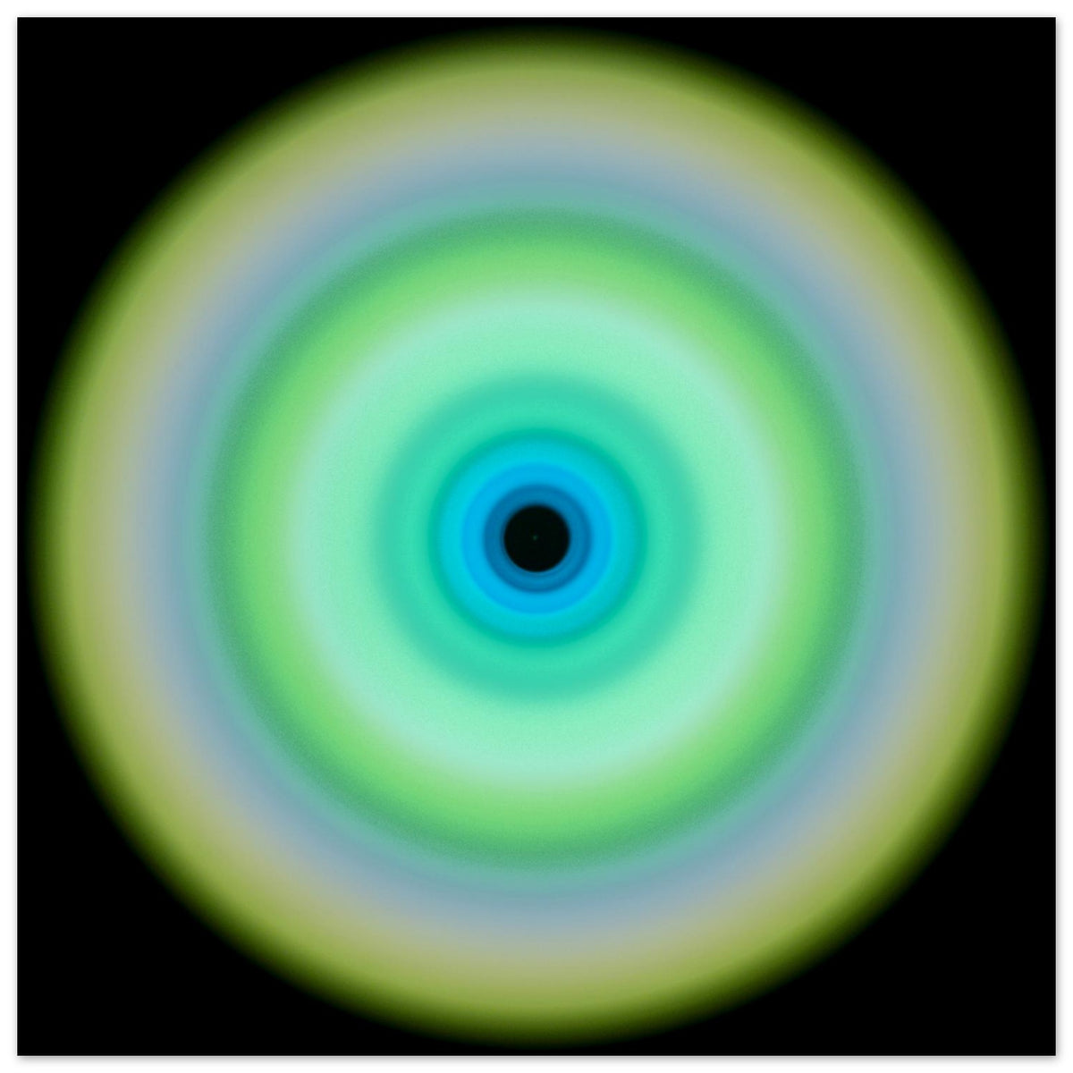A circular form with concentric rings transitioning from pale yellow-green on the outer edge through lime green and aqua to cobalt blue around a small dark center.