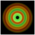 Circular image with seven concentric rings transitioning from burnt orange outer edge through yellow and green tones to pale lime center with small black void.