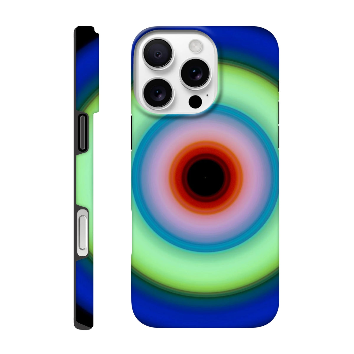 Circular concentric rings transitioning from deep blue outer edge through lime green to orange-red center with a small black void.