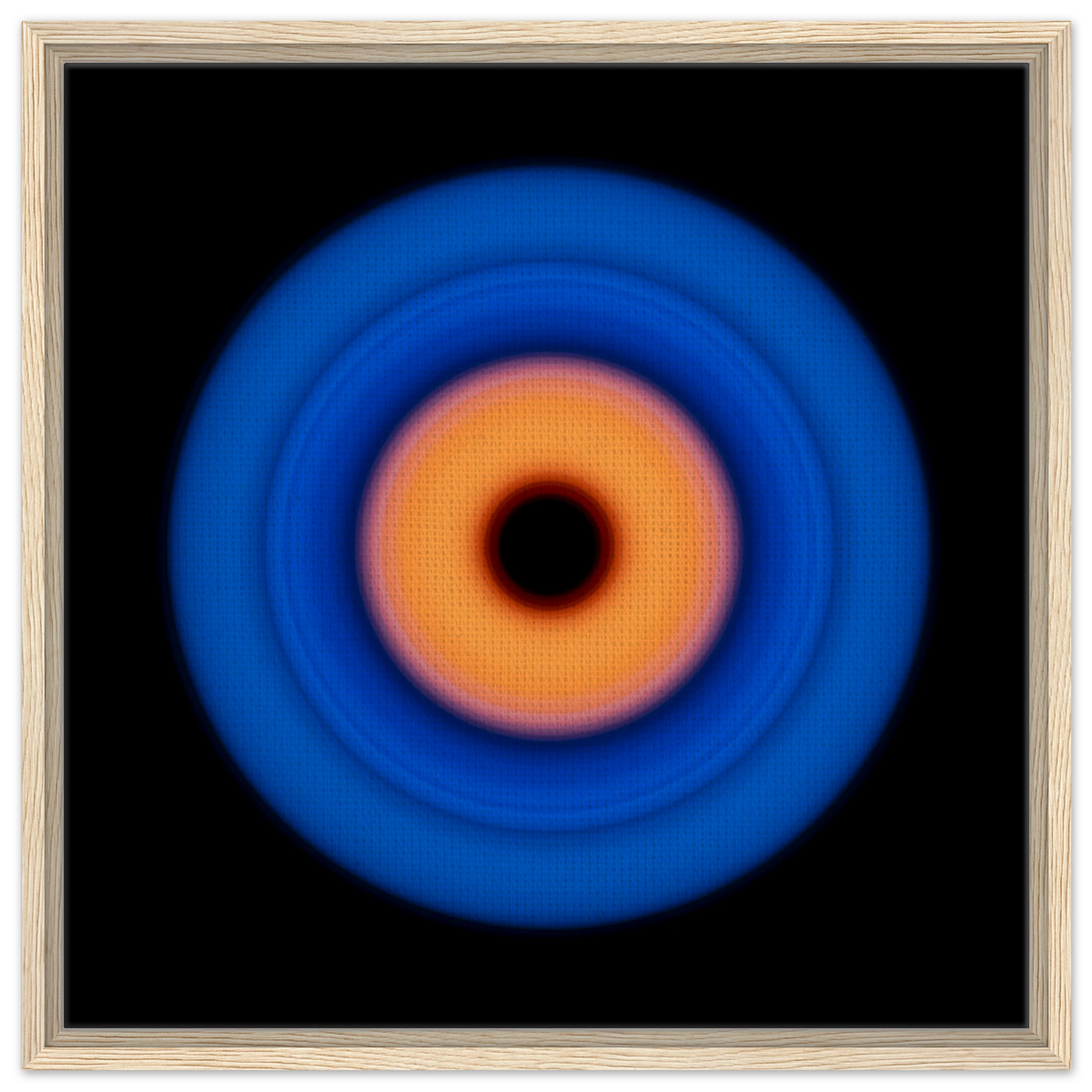 A circular ring with deep blue outer edge transitioning through purple-pink to coral orange center with a small black void in the middle.