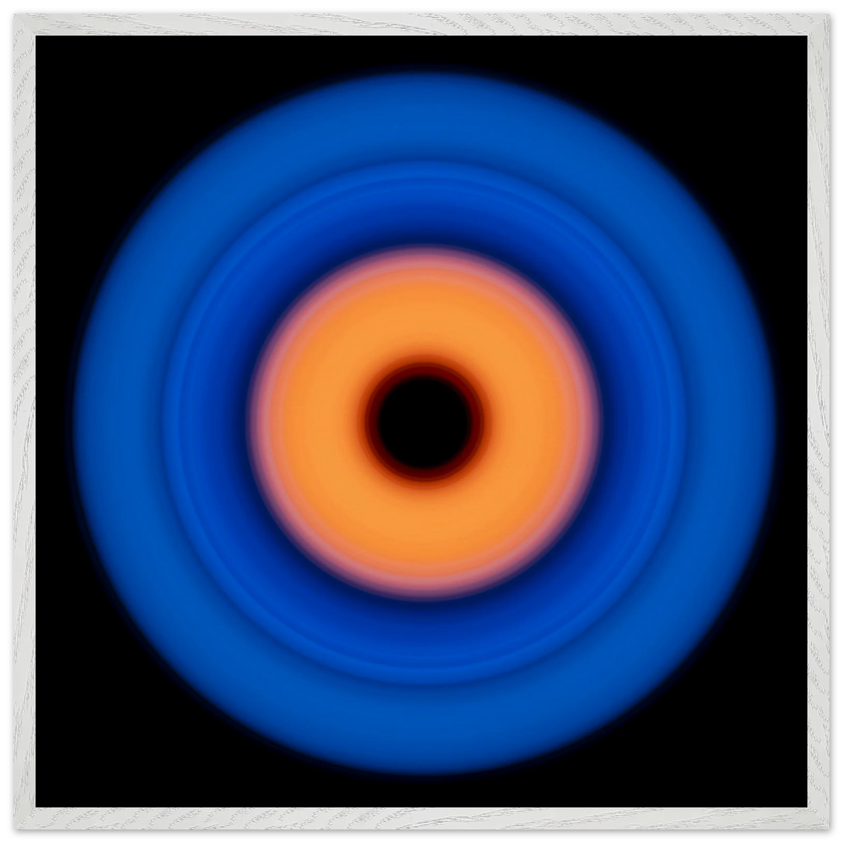A circular ring with deep blue outer edge transitioning through purple-pink to coral orange center with a small black void in the middle.
