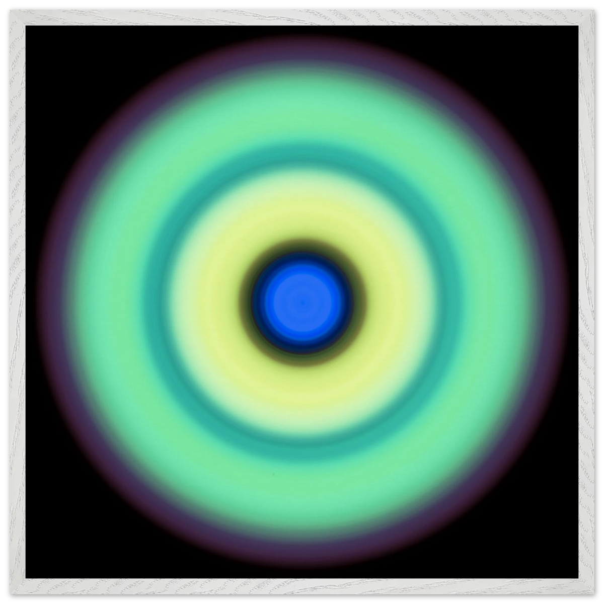 A circular disc with a bright blue center, surrounded by concentric rings of yellow-green, teal, mint green, and purple that fade into black.