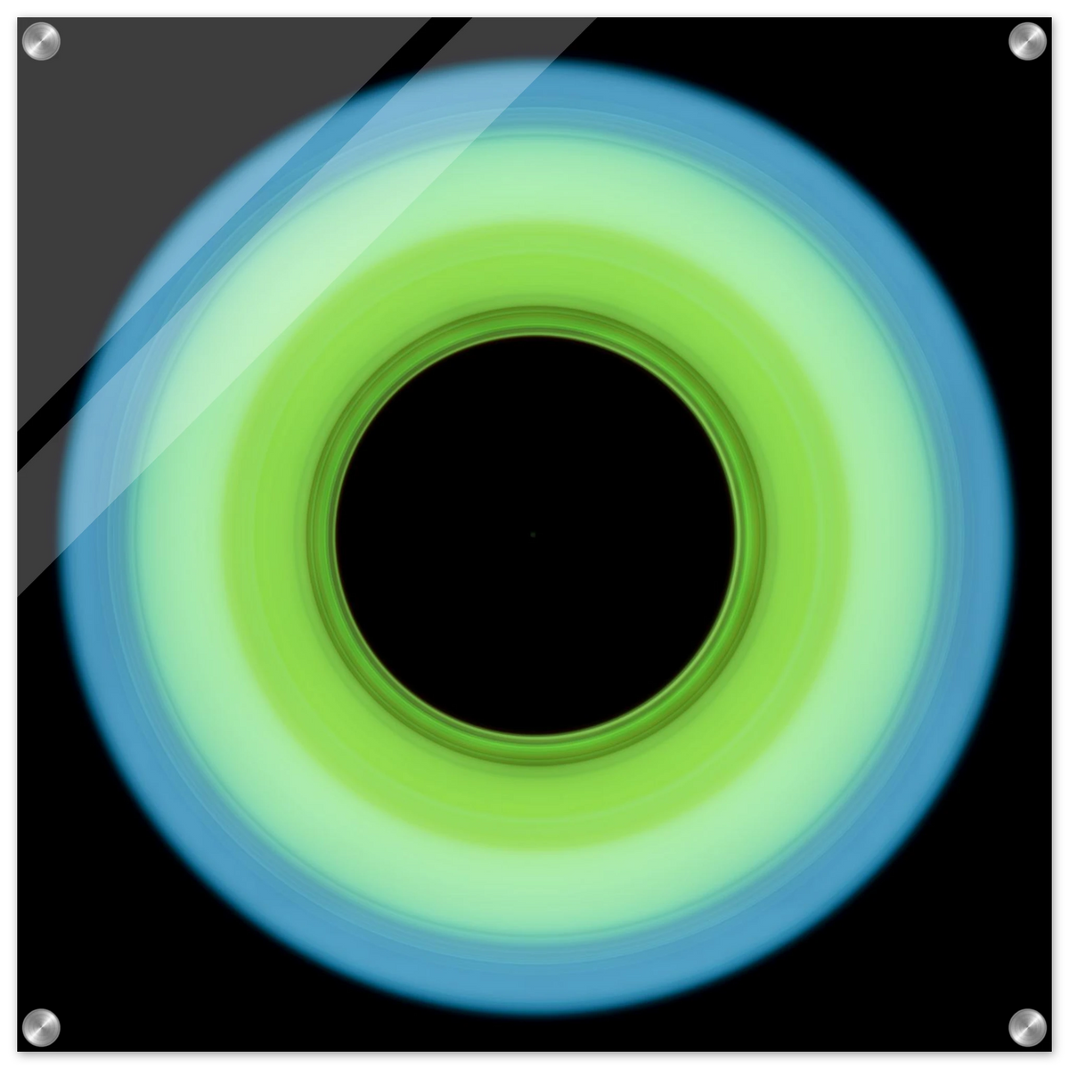 A circular ring shape that transitions from pale blue on the outer edge to bright lime green on the inner edge with a large black circular center.