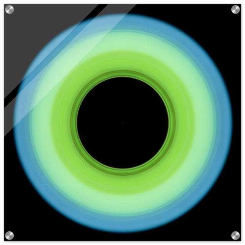 A circular ring shape that transitions from pale blue on the outer edge to bright lime green on the inner edge with a large black circular center.