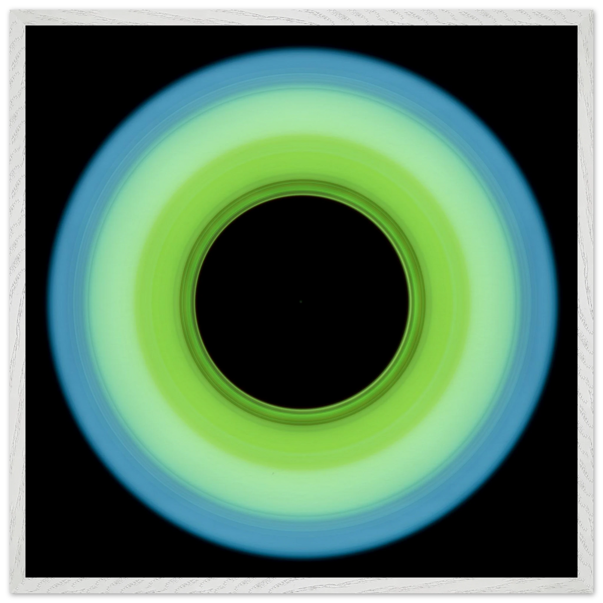 A circular ring shape that transitions from pale blue on the outer edge to bright lime green on the inner edge with a large black circular center.