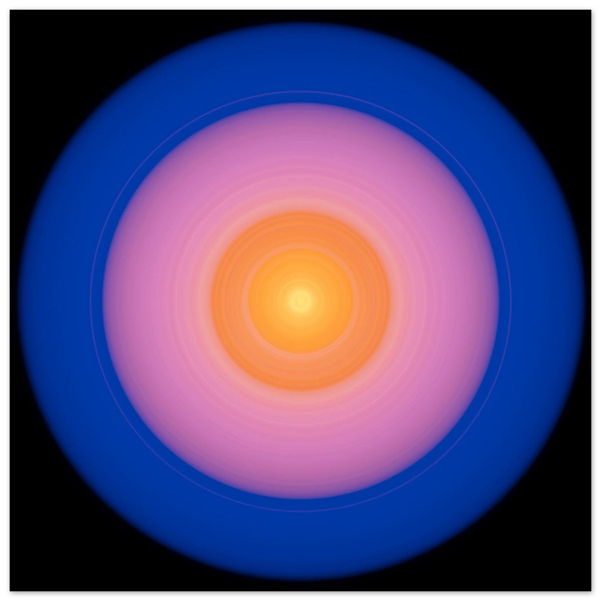 A circular disc with concentric color zones from bright yellow center through orange and coral pink to deep blue outer edge on black background.