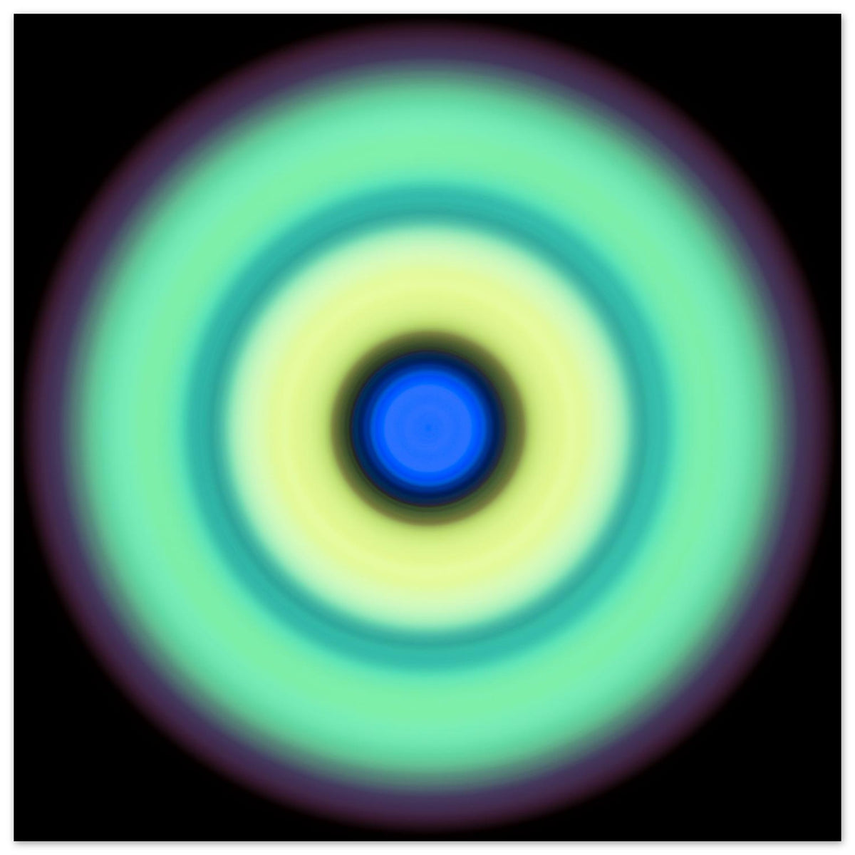 A circular disc with a bright blue center, surrounded by concentric rings of yellow-green, teal, mint green, and purple that fade into black.