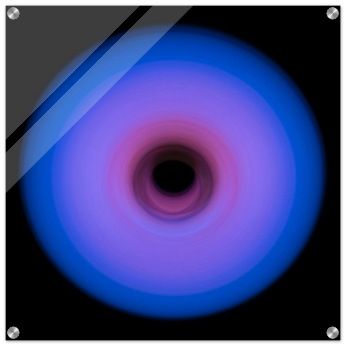 A circular ring of light with royal blue outer edges that gradually transitions through purple to pink toward a small dark center.