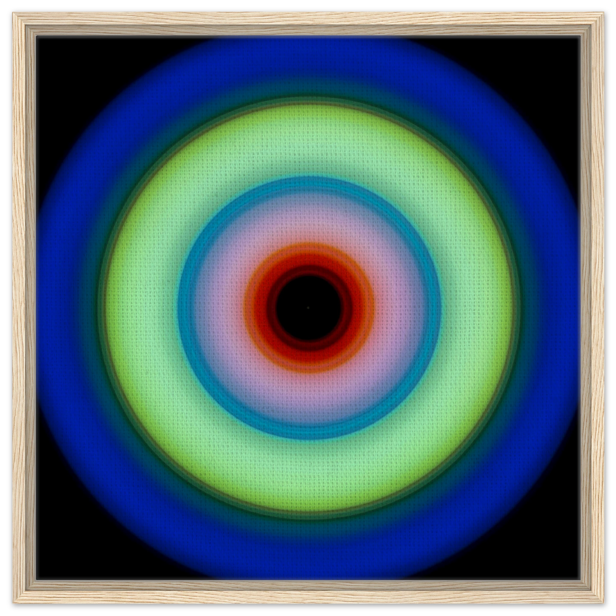 Circular concentric rings transitioning from deep blue outer edge through lime green to orange-red center with a small black void.