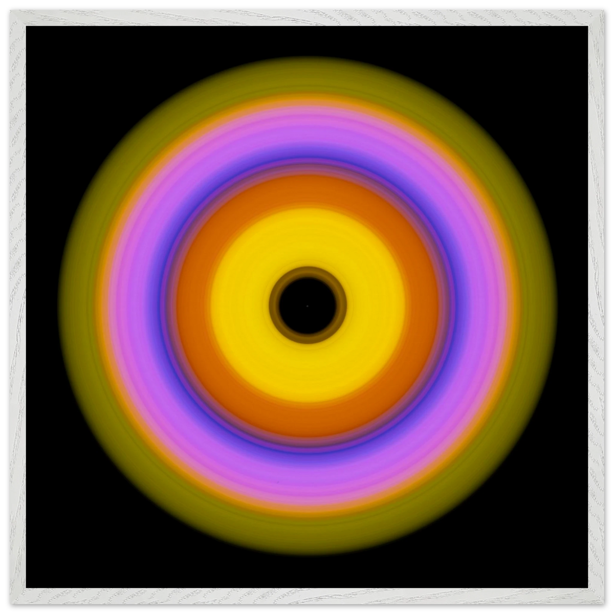 A circular pattern with six concentric rings radiating from a black center through yellow, orange, magenta, blue, lavender, and lime green.