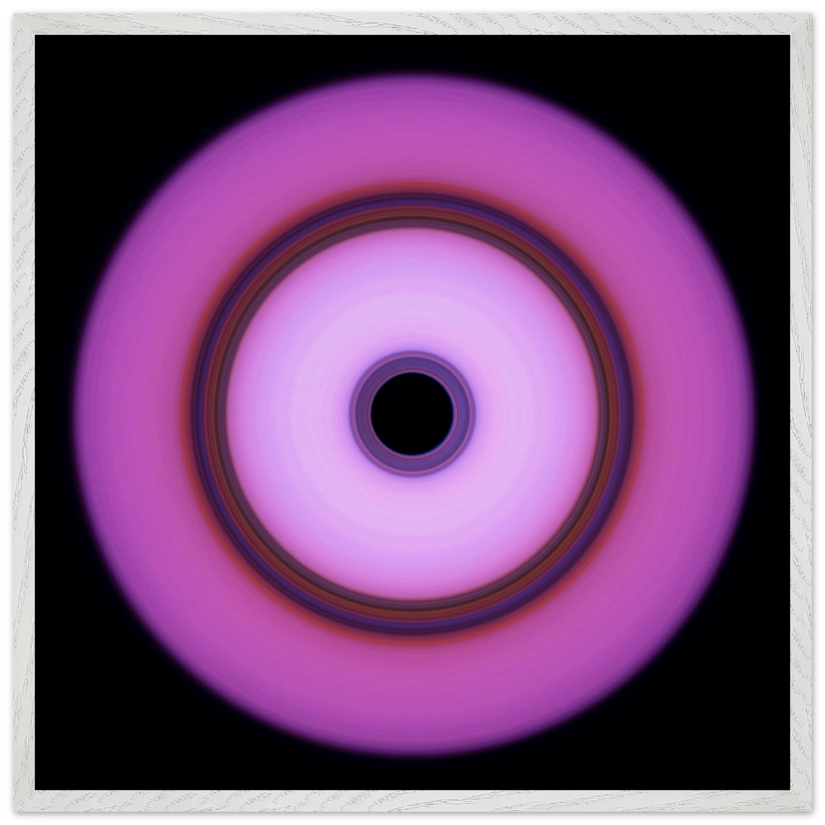 A circular form with magenta outer edges fading to white center, featuring a multicolored ring band and small black circle at the core.