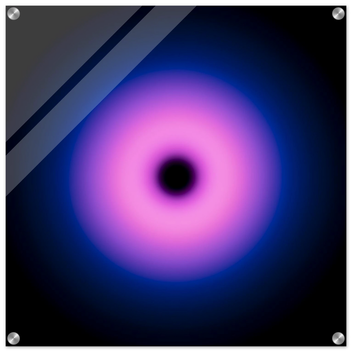 A circular gradient shape with a black center that transitions from hot pink to purple to deep blue at the outer edges.
