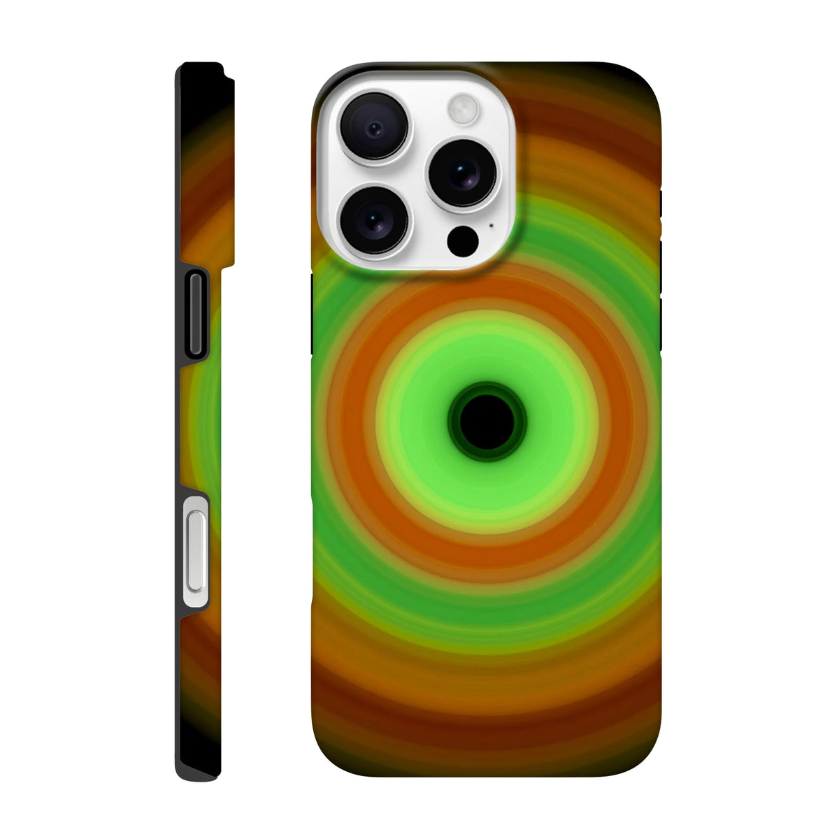 Circular image with seven concentric rings transitioning from burnt orange outer edge through yellow and green tones to pale lime center with small black void.