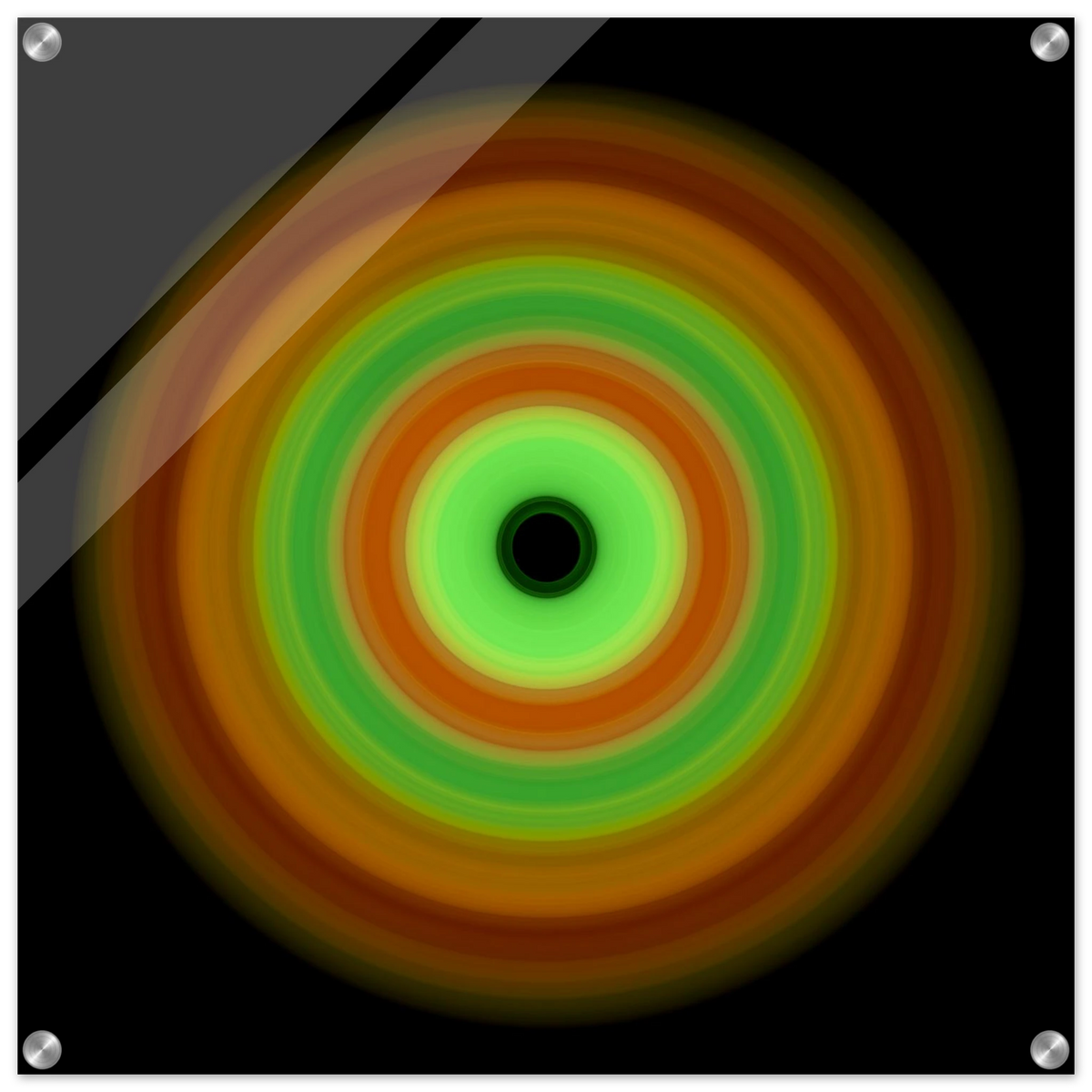 Circular image with seven concentric rings transitioning from burnt orange outer edge through yellow and green tones to pale lime center with small black void.