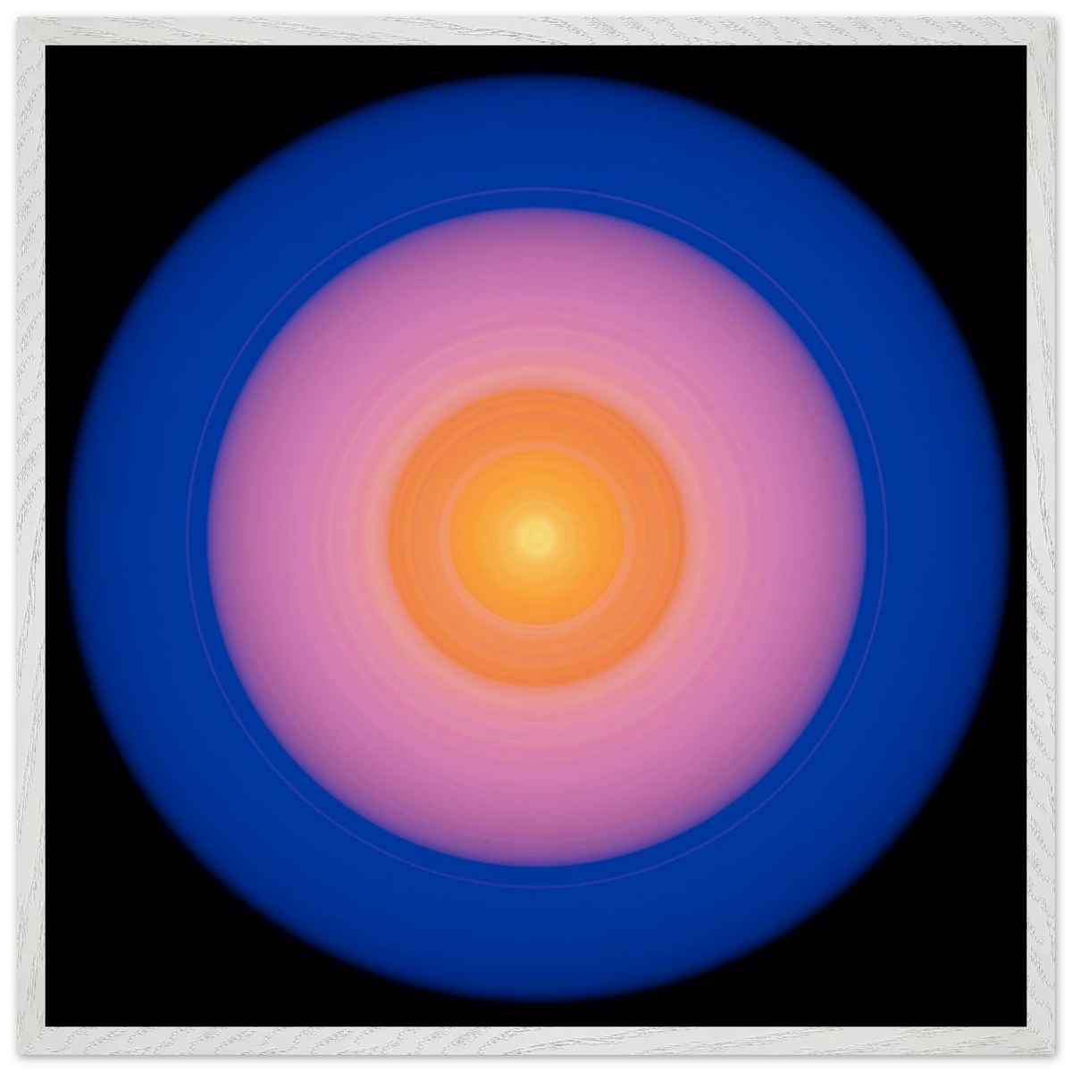 A circular disc with concentric color zones from bright yellow center through orange and coral pink to deep blue outer edge on black background.