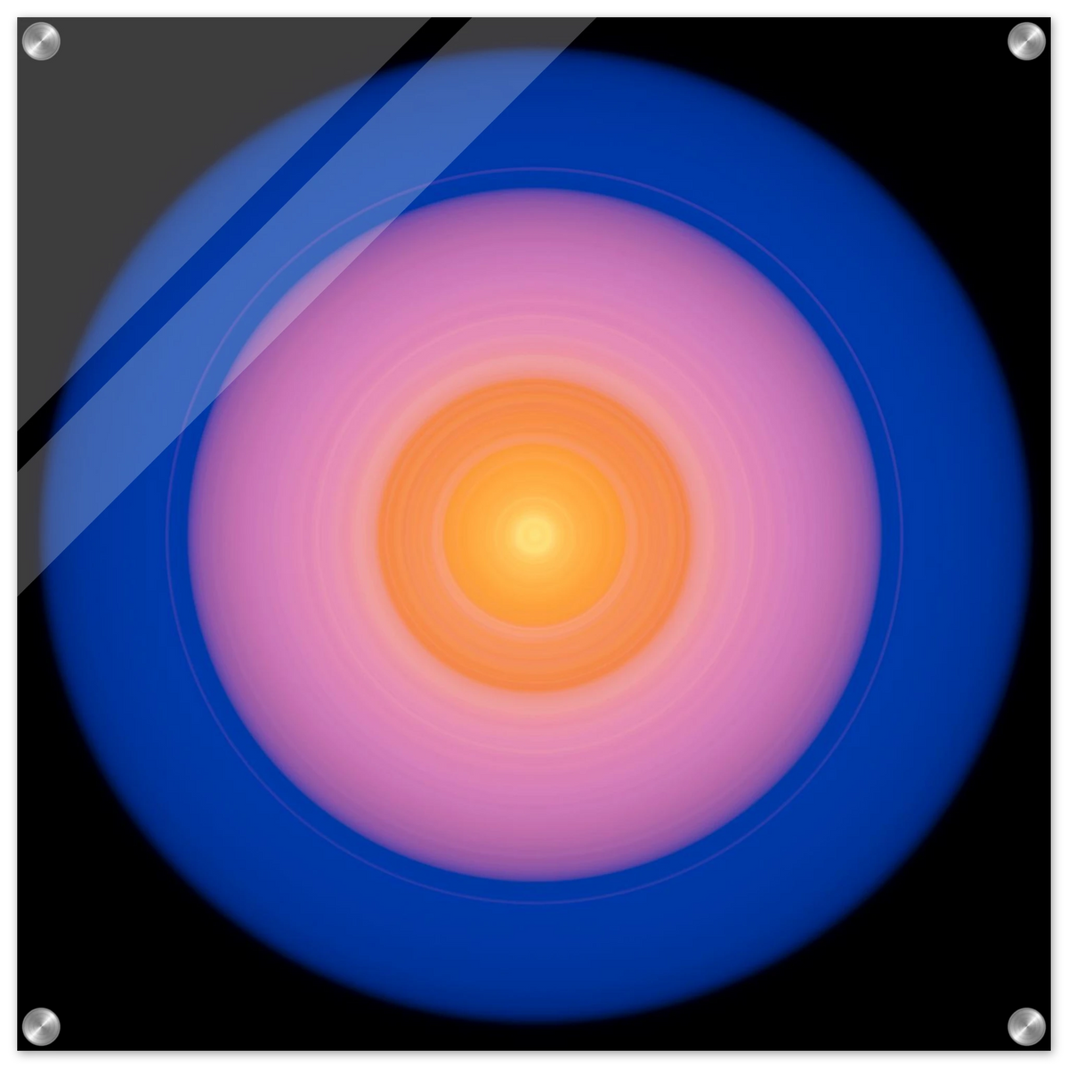 A circular disc with concentric color zones from bright yellow center through orange and coral pink to deep blue outer edge on black background.