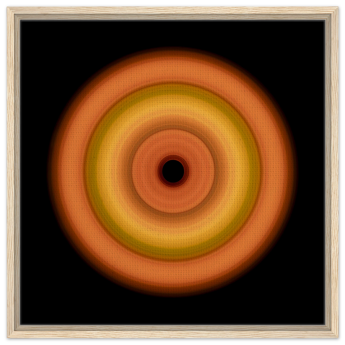 Circular concentric rings transitioning from coral orange outer edge through bright yellow middle bands to soft orange inner ring with small black center.