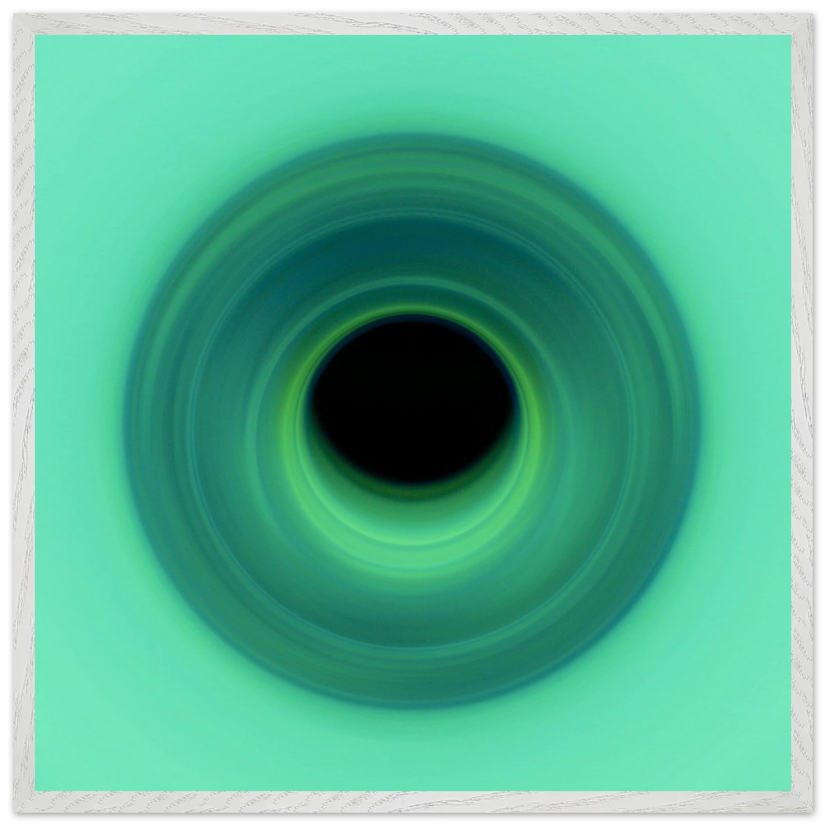 A spiral swirl of mint green light that deepens to teal color as it curves inward toward a black circular center.