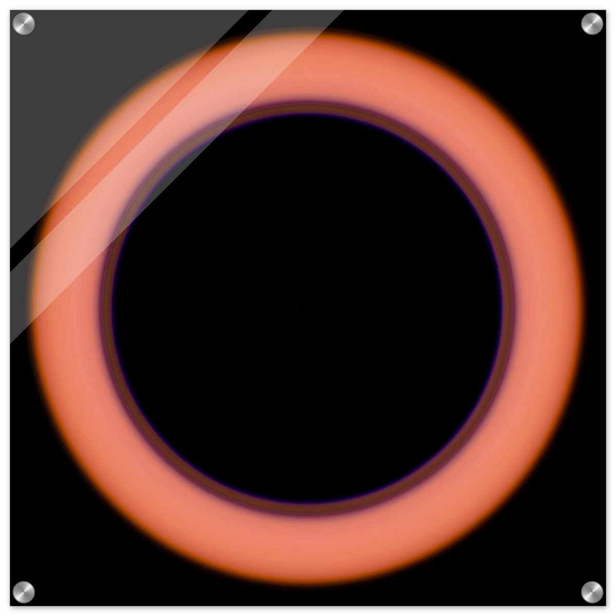 A circular image with a large black center surrounded by a thin violet ring that transitions to coral orange at the outer edges.