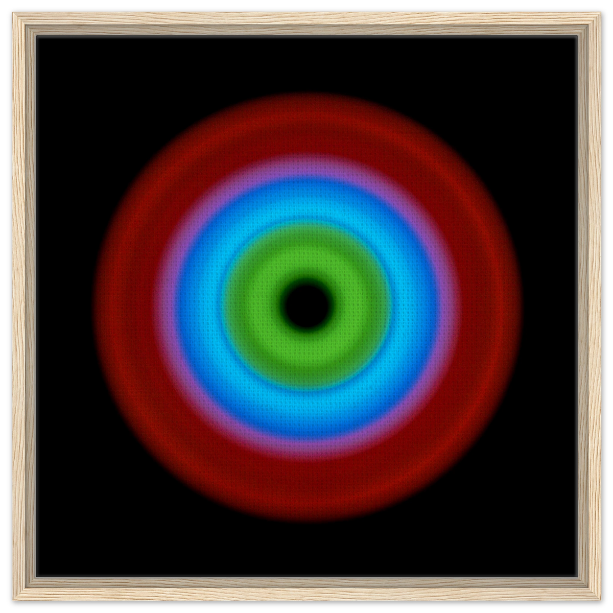 A circular radial form with concentric color bands transitioning from a black center through bright green to blue to red at the outer edge.