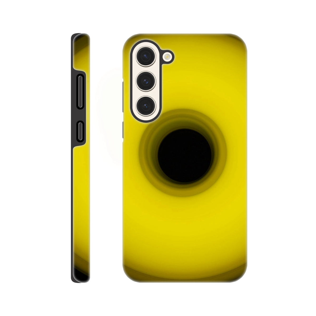 A circular yellow ring that gradients from bright yellow at the edges to olive green toward the dark center hole.