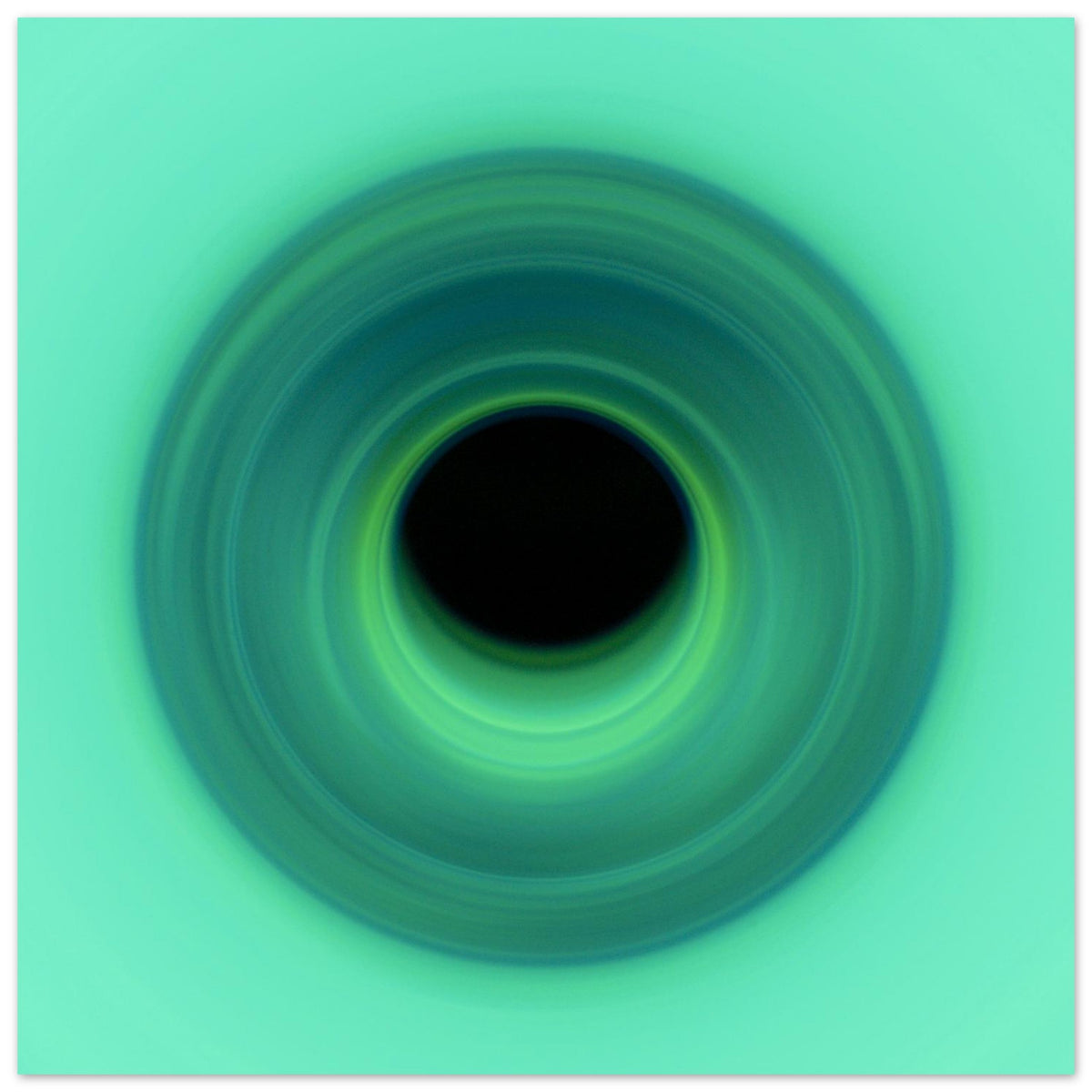 A spiral swirl of mint green light that deepens to teal color as it curves inward toward a black circular center.