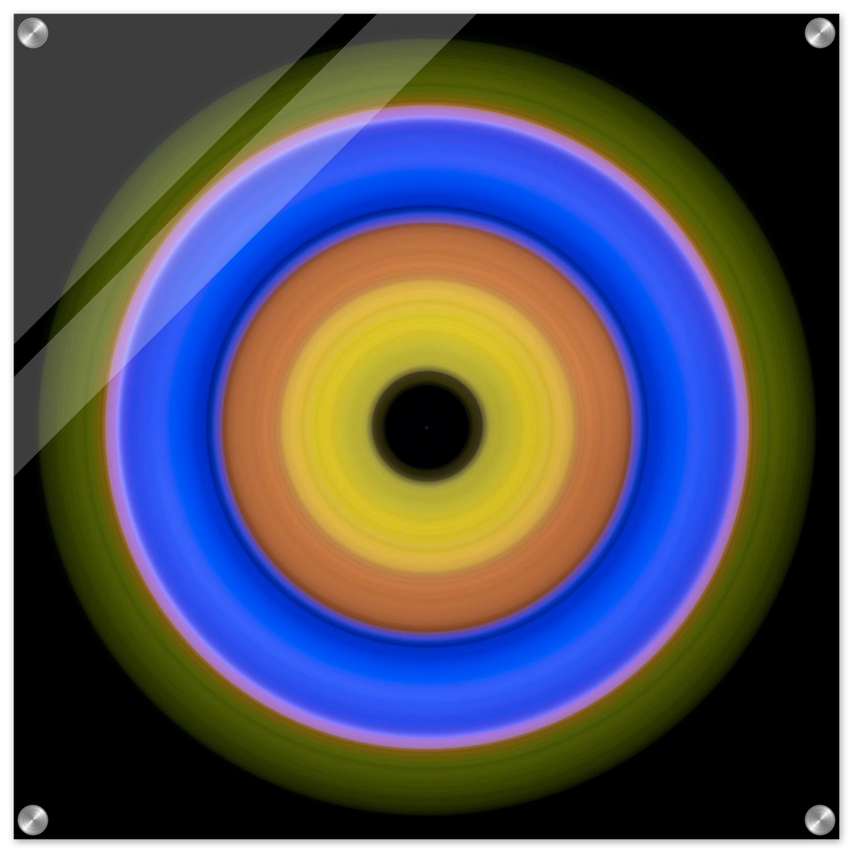 A circular aperture shape with concentric color rings radiating from a black center through yellow, orange, blue, and olive green.