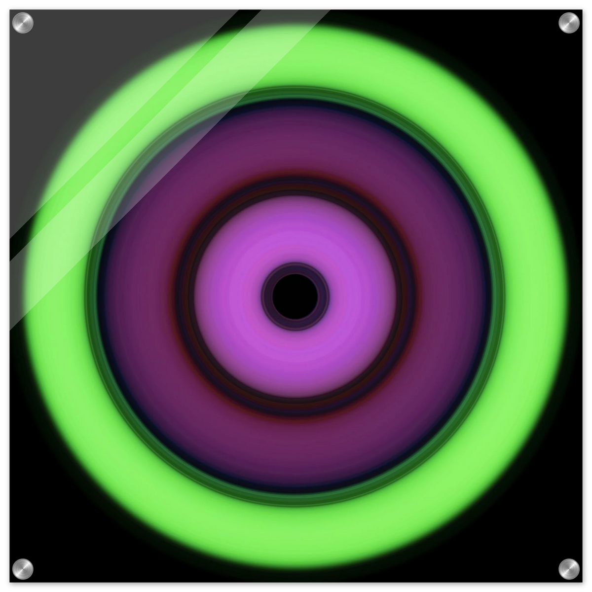 Circular aperture shape with concentric rings transitioning from bright lime green on the outside through purple tones to bright magenta around a small black center.