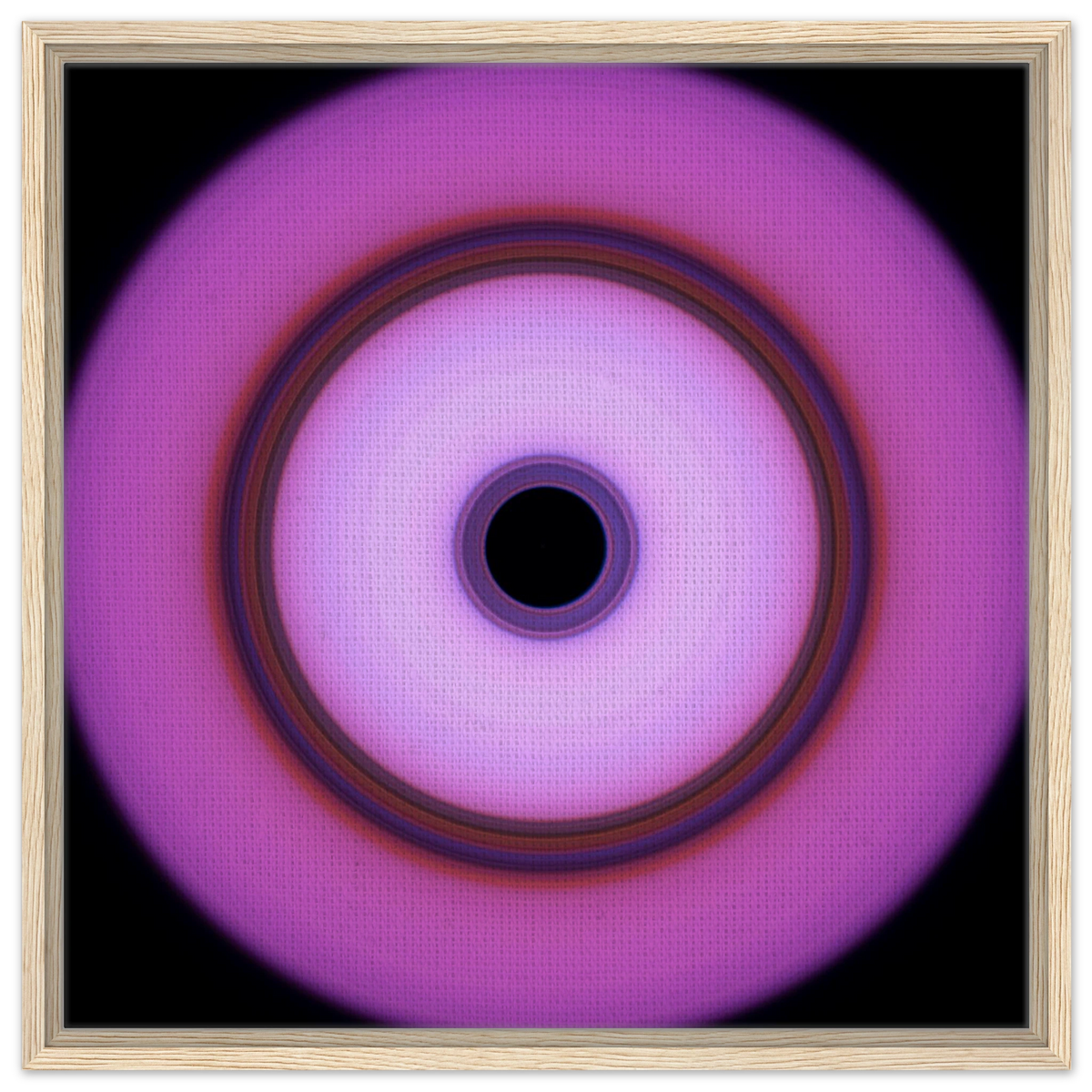 A circular form with magenta outer edges fading to white center, featuring a multicolored ring band and small black circle at the core.