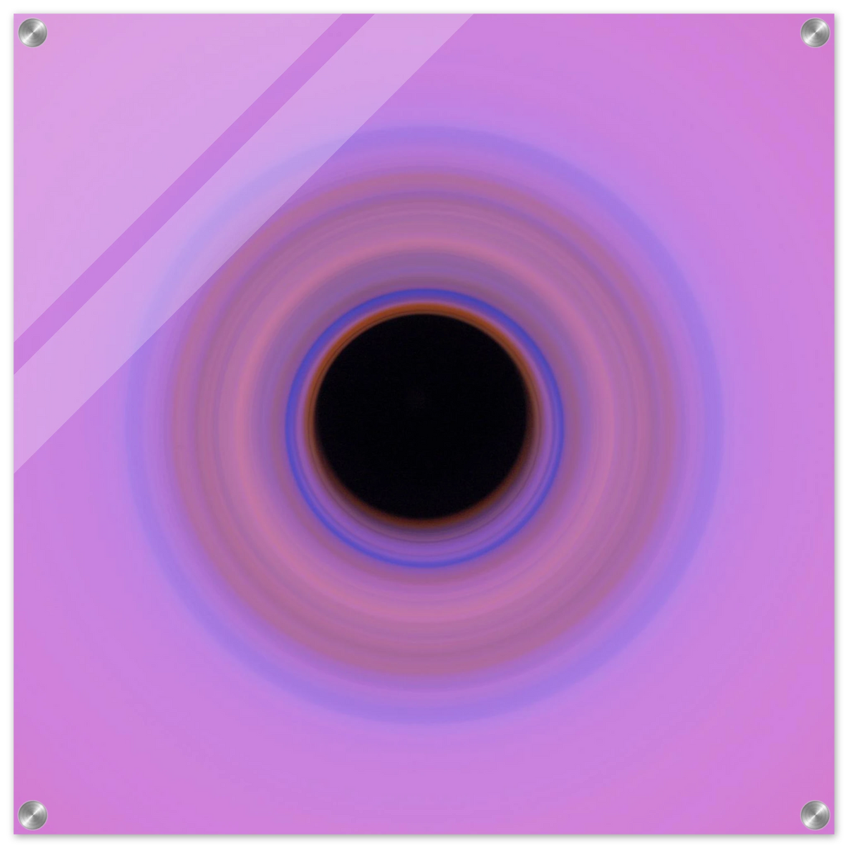 A circular swirl with black center surrounded by concentric rings transitioning from orange through blue and purple to pink at the outer edges.