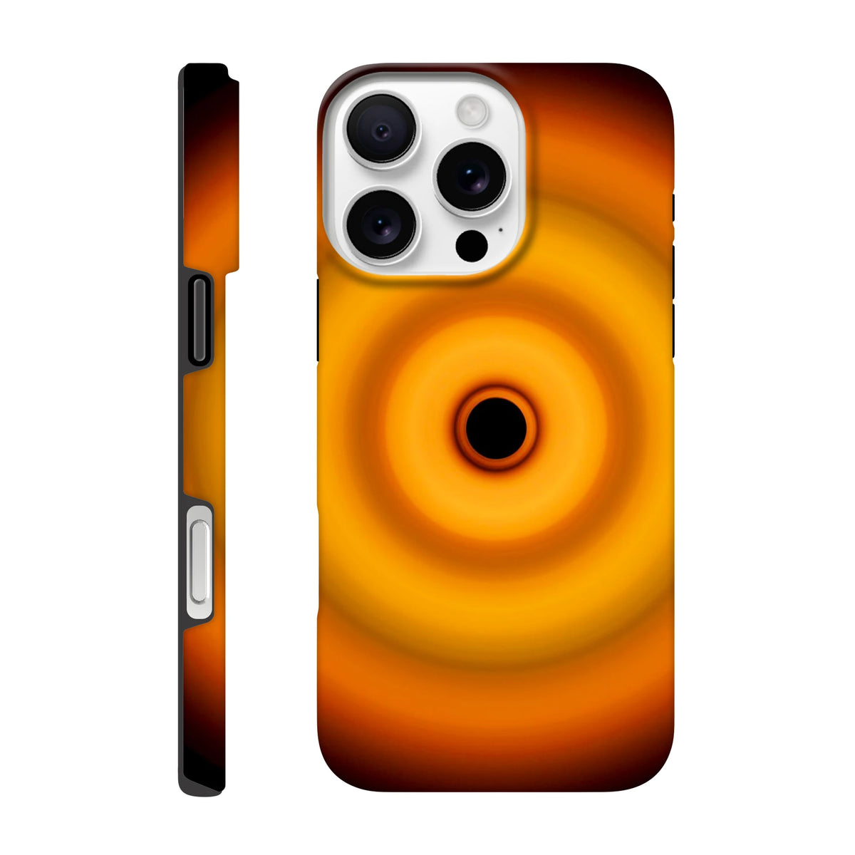 Circular aperture shape with bright amber center fading through coral orange concentric rings to darker orange edges with a small black void at the center.