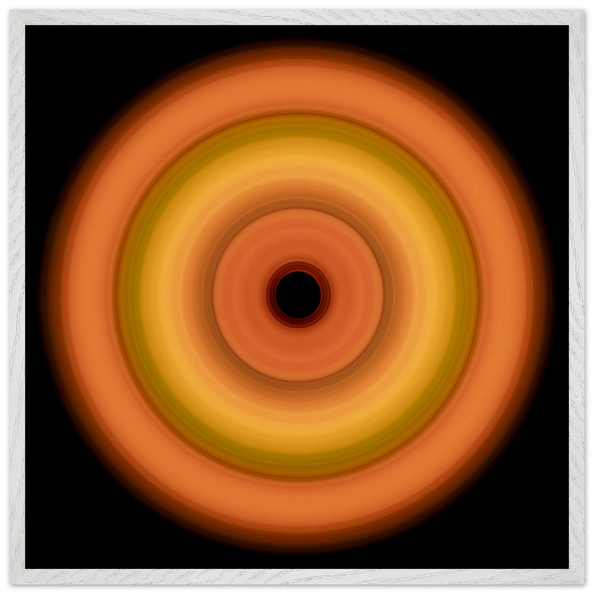 Circular concentric rings transitioning from coral orange outer edge through bright yellow middle bands to soft orange inner ring with small black center.