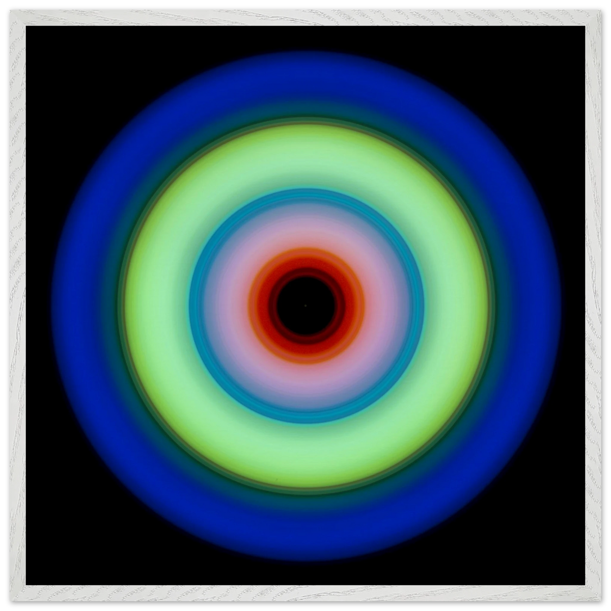 Circular concentric rings transitioning from deep blue outer edge through lime green to orange-red center with a small black void.