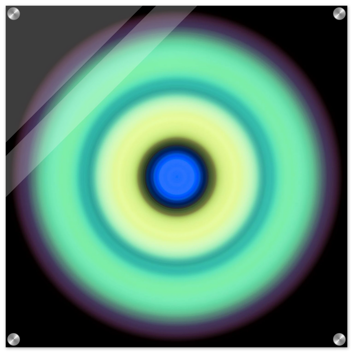 A circular disc with a bright blue center, surrounded by concentric rings of yellow-green, teal, mint green, and purple that fade into black.