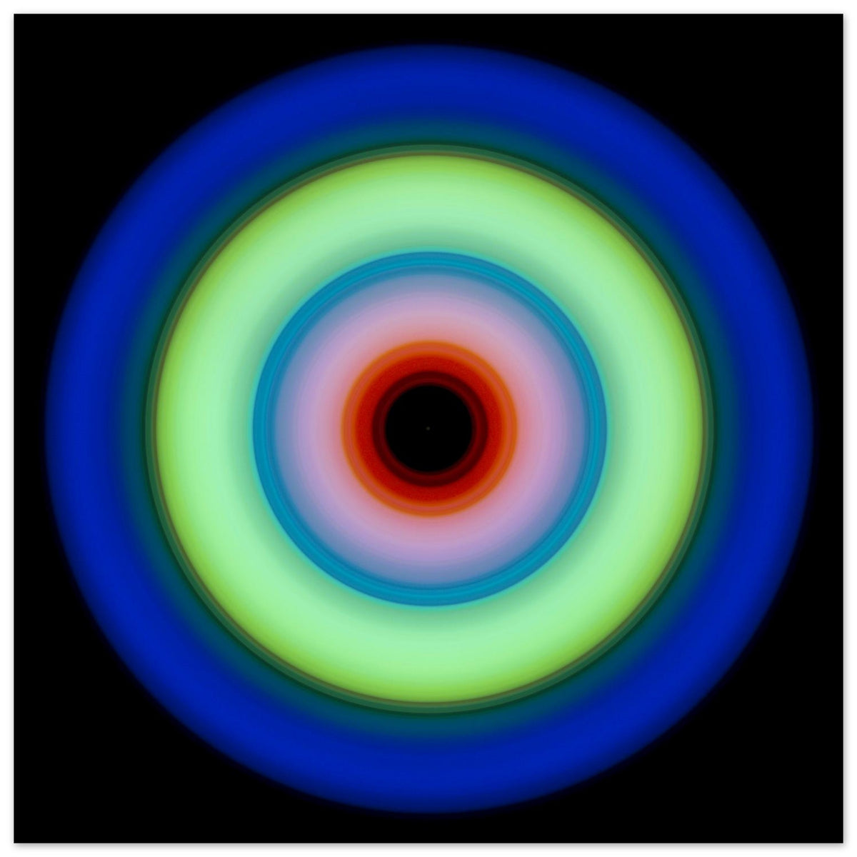 Circular concentric rings transitioning from deep blue outer edge through lime green to orange-red center with a small black void.