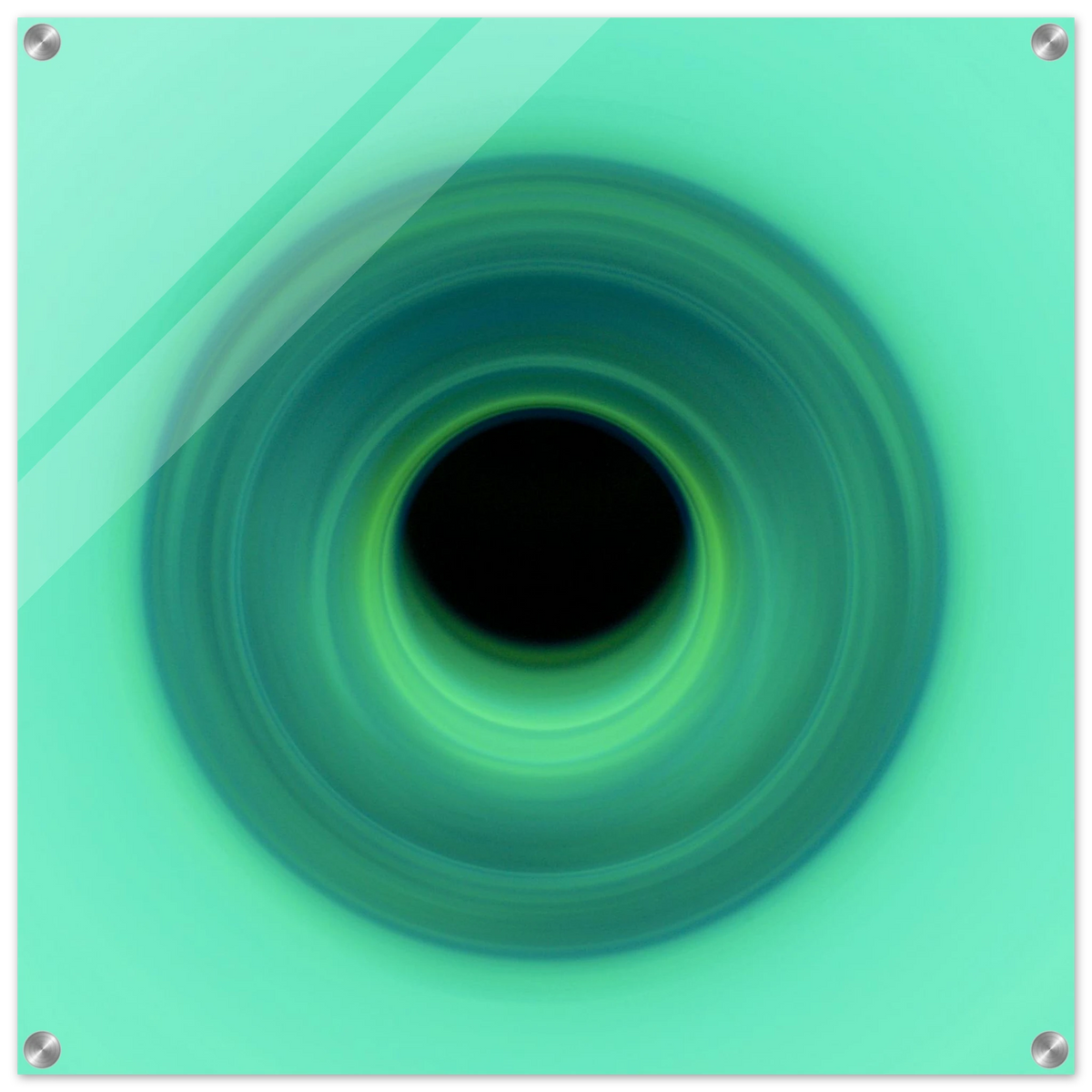 A spiral swirl of mint green light that deepens to teal color as it curves inward toward a black circular center.