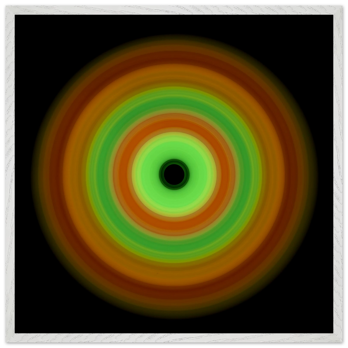 Circular image with seven concentric rings transitioning from burnt orange outer edge through yellow and green tones to pale lime center with small black void.