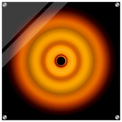 Circular aperture shape with bright amber center fading through coral orange concentric rings to darker orange edges with a small black void at the center.